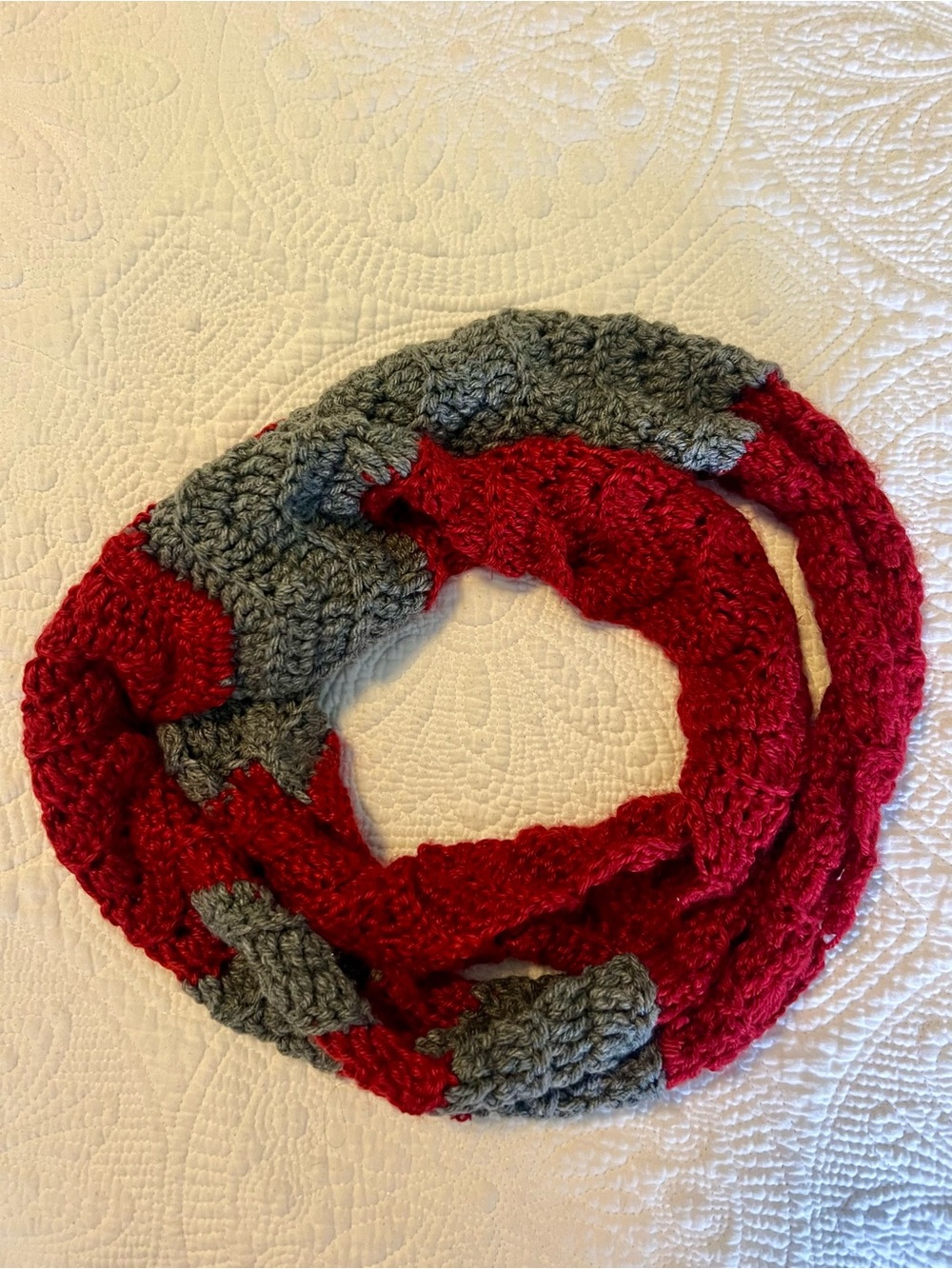 Handmade Red and Gray Crochet Infinity Scarf - Women’s Scarf, Handmade
